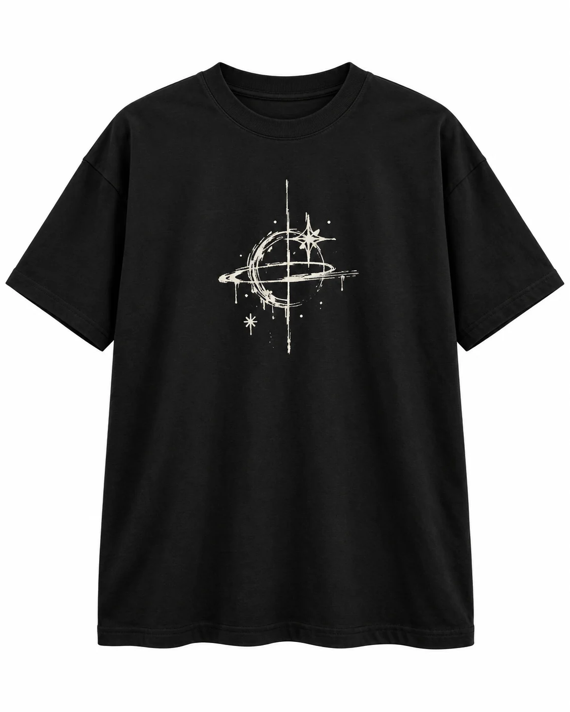 Camiseta preta com arte gráfica abstrata